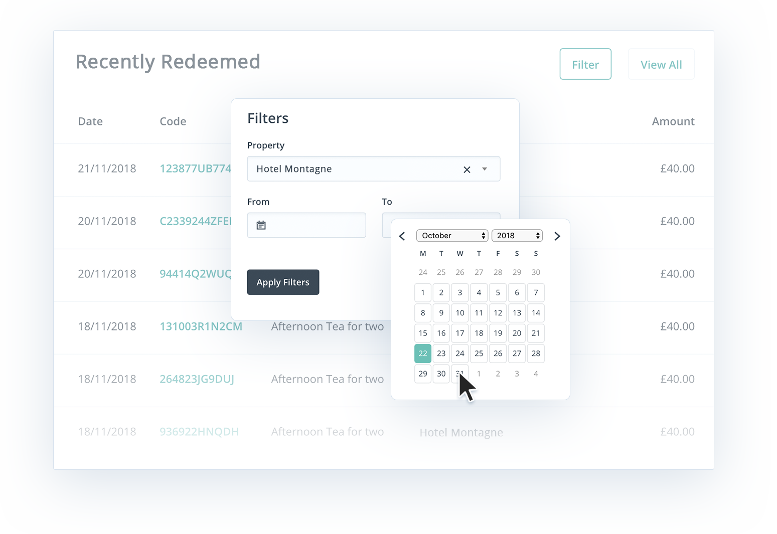 A close up screen shot showing a user filter redeemed vouchers Giftpro's admin area on a mint coloured background