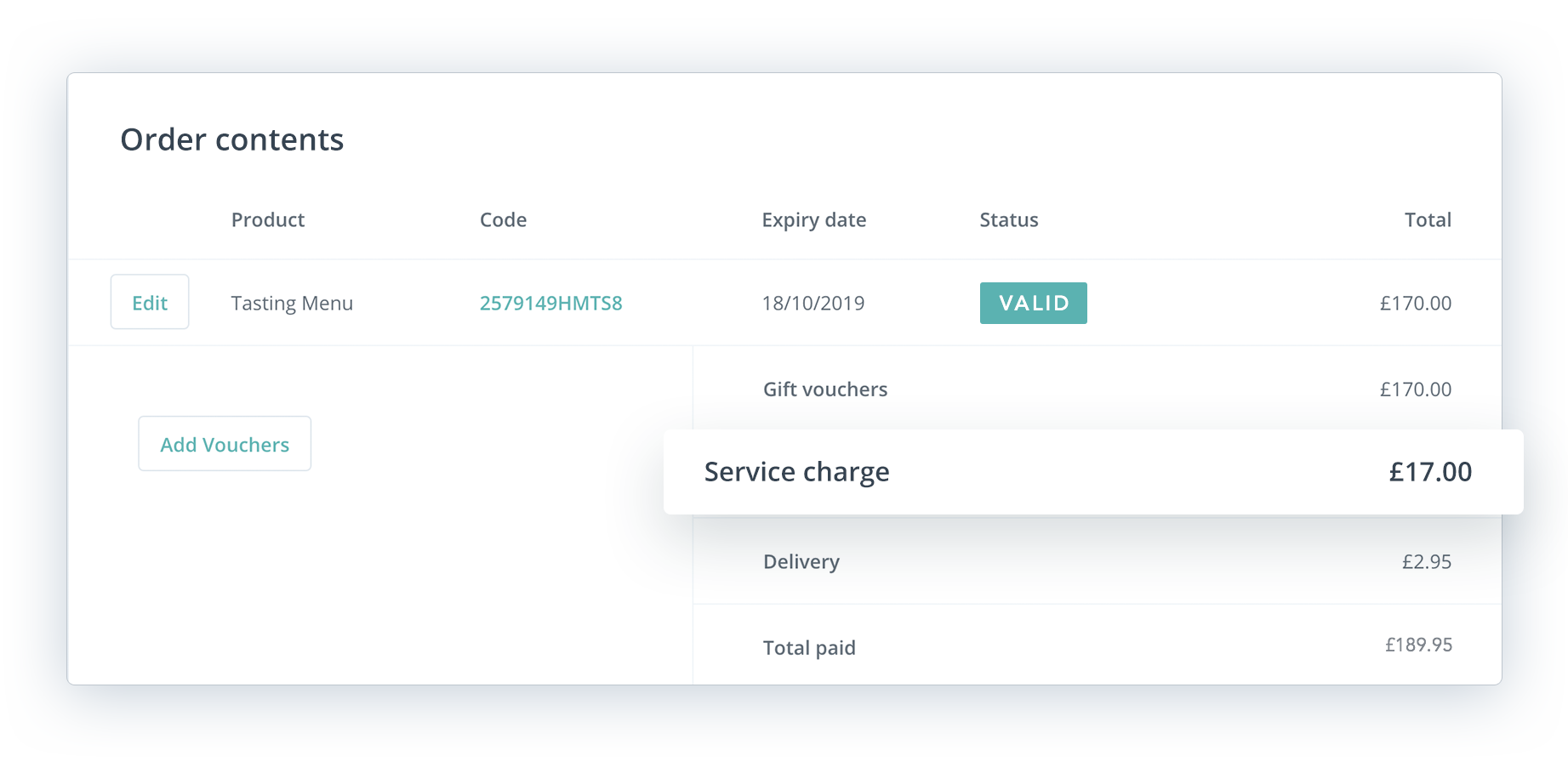Image showing service charge line in giftpro admin area