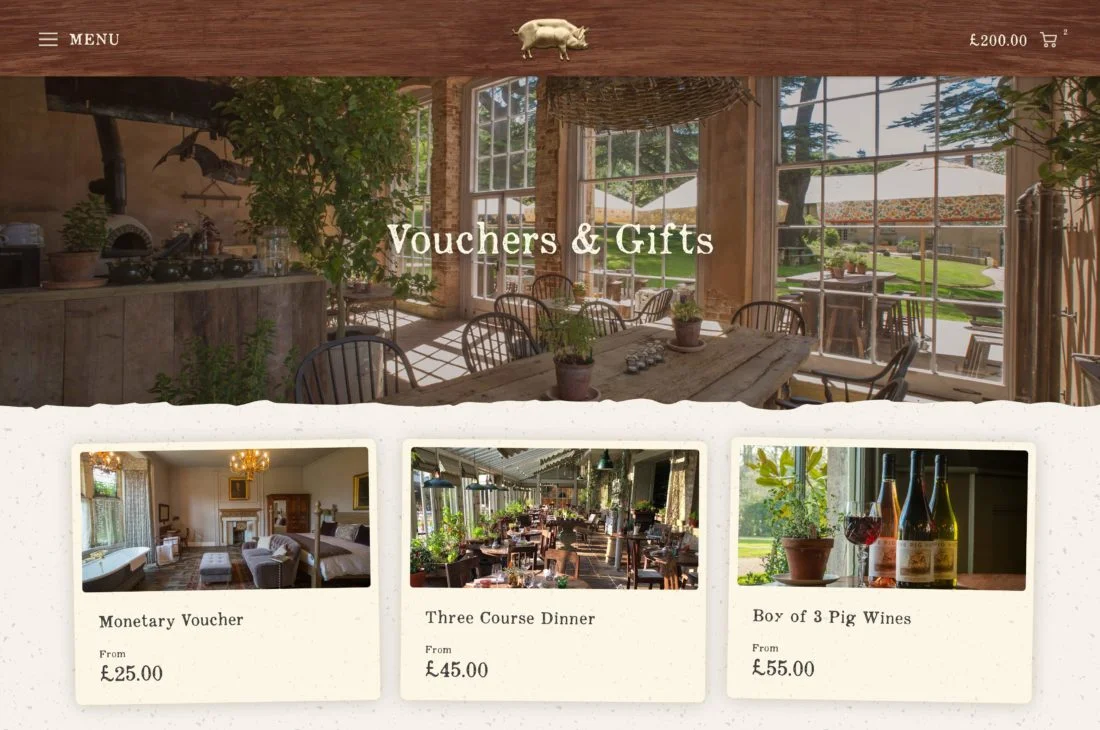 The PIG gift voucher listing page